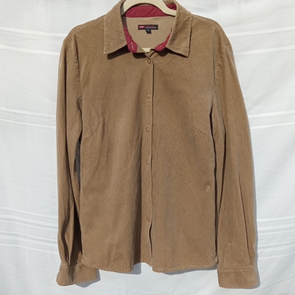 Woman's Soft Tan Corduroy Long-sleeved Button-Up Shirt by An Sport Size 14